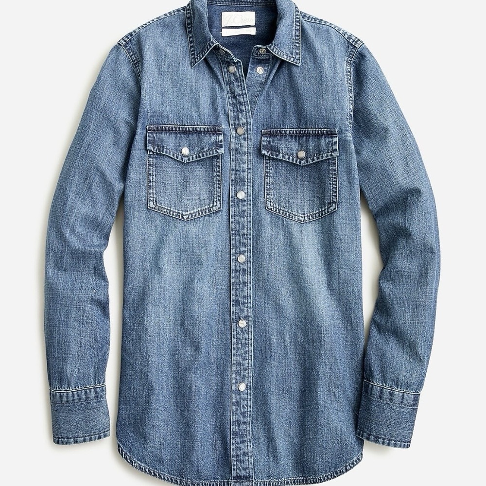 J Crew Slim-Fit Chambray Shirt Womans Sz 14 Western Pearl Snap Cotton Rodeo Boho